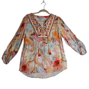John&Mark XS boho peach tiedyed look‎ Embroidered Rayon earth toned Blouse top